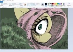 Size: 1295x931 | Tagged: safe, artist:melodylibris, fluttershy, pegasus, pony, g4, art program in frame, big ears, big eyes, desaturated, eye clipping through hair, female, frown, hatching (technique), leaves in mane, looking at something, mare, ms paint, offscreen character, outdoors, pink mane, shrunken pupils, solo, teal eyes, thick eyelashes, unusual pupils, white pupils, wide eyes, yellow coat