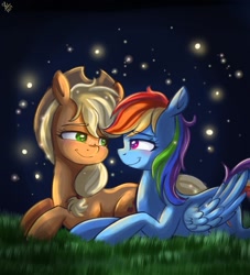 Size: 1161x1280 | Tagged: safe, artist:galaxy swirl, applejack, rainbow dash, earth pony, pegasus, pony, g4, backwards cutie mark, blushing, duo, duo female, female, folded wings, freckles, grass, hairband, lesbian, looking at each other, looking at someone, lying down, mare, night, night sky, prone, ship:appledash, shipping, signature, sky, smiling, smiling at each other, stars, wings