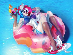 Size: 1280x960 | Tagged: safe, artist:br0via, oc, oc only, oc:akria, anthro, plantigrade anthro, alcohol, bikini, breasts, clothes, donut swim ring, drink, female, inner tube, pool toy, solo, sunlight, swimming pool, swimsuit, translucent inflatable, water