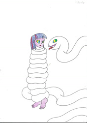 Size: 1024x1449 | Tagged: safe, artist:tom65hg, twilight sparkle, oc, oc:white, human, snake, equestria girls, g4, barefoot, coils, duo, feet, female, hypnosis, hypnotized, looking at each other, looking at someone, wrapped up