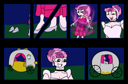 Size: 1024x676 | Tagged: safe, artist:fireboltpug, sweetie belle, human, equestria girls, g4, alternate hairstyle, amazed, carriage, choker, cinderella, clothes, comic, cute, diasweetes, dress, female, gown, grin, hair bun, hairband, magic, night, nightime, open mouth, open smile, poofy shoulders, smiling, solo, surprised, transformation, transformation sequence, transforming clothes