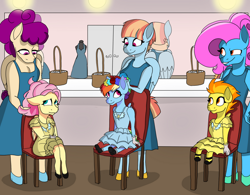 Size: 1024x797 | Tagged: safe, artist:fireboltpug, fluttershy, posey shy, rainbow dash, spitfire, windy whistles, pegasus, anthro, g4, alternate hairstyle, basket, chair, clothes, commission, cute, dashabetes, door, dress, dressing room, female, filly, filly fluttershy, filly rainbow dash, filly spitfire, floral head wreath, flower, flower girl, flower girl dress, flower in hair, gloves, grin, hand on hip, light, looking at each other, looking at someone, mare, mother and child, mother and daughter, posey shyabetes, room, shyabetes, sitting, smiling, smiling at each other, windybetes, younger