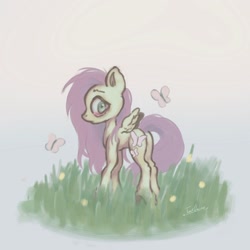 Size: 1713x1713 | Tagged: safe, artist:tuskonline, fluttershy, butterfly, pegasus, pony, g4, butt, female, gradient background, grass, looking back, mare, pink hair, pink mane, pink tail, plot, solo, tail, yellow body