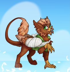 Size: 1809x1857 | Tagged: safe, artist:muttjuice, oc, oc only, oc:pavlos, griffon, bandage, beak, blue background, broken bone, broken wing, cast, cheek fluff, claws, clothes, colored wings, commission, eared griffon, griffon oc, happy, injured, non-pony oc, nonbinary, sling, smiling, solo, tail, wings