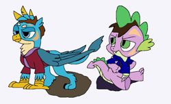 Size: 1068x650 | Tagged: safe, artist:mojo1985, gallus, spike, oc, dragon, griffon, human, g4, age regression, clothes, duo, duo male, hoodie, human oc, human to dragon, human to griffon, lidded eyes, male, mid-transformation, pants, simple background, sitting, spike is not amused, transformation, unamused, white background, younger