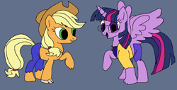 Size: 1280x652 | Tagged: safe, artist:mojo1985, applejack, twilight sparkle, oc, alicorn, earth pony, human, pony, g4, applejack's hat, clothes, cowboy hat, duo, duo female, female, fingers fusing, freckles, glasses, gray background, hairband, hat, human oc, human to pony, mid-transformation, open mouth, open smile, pants, raised hoof, shirt, simple background, smiling, spread wings, transformation, twilight sparkle (alicorn), wings