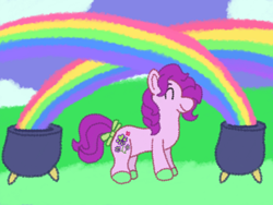 Size: 1600x1200 | Tagged: safe, artist:mintwhistle, serendipity, earth pony, pony, g3, atg 2024, bow, cloud, colored hooves, double rainbow, eyes closed, female, happy, hooves, lucky, mare, medibang paint, newbie artist training grounds, pot of gold, rainbow, smiling, solo, tail, tail bow