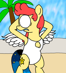 Size: 3023x3351 | Tagged: safe, artist:professorventurer, oc, oc:power star, pegasus, pony, alarmed, barrier, beach, bipedal, chest fluff, chubby, clothes, female, floof window, hooves behind head, looking away, mare, one-piece swimsuit, palm tree, rule 85, spread wings, super mario 64, swimsuit, tree, white swimsuit, wings