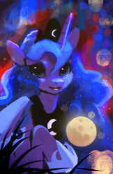 Size: 1500x2312 | Tagged: safe, artist:hierozaki, princess luna, alicorn, pony, g4, bust, cute, female, looking at you, lunabetes, mare, moon, open mouth, open smile, smiling, smiling at you, solo