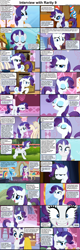Size: 1282x4019 | Tagged: safe, edit, edited screencap, screencap, opalescence, rainbow dash, rarity, cat, pegasus, pony, unicorn, comic:celestia's servant interview, g4, made in manehattan, season 1, season 2, season 4, season 8, simple ways, sisterhooves social, stare master, suited for success, the end in friend, angry, annoyed, blushing, boots, caption, carousel boutique, comic, cs captions, cute, descriptive noise, eyes closed, fabric, female, floppy ears, glitter, grin, hoof hold, horn, image macro, interview, loaded question, looking at you, mannequin, mare, mathematician's answer, mirror, pet, ponyville, raised hoof, raribetes, rarity is not amused, screencap comic, shoes, smiling, text, unamused