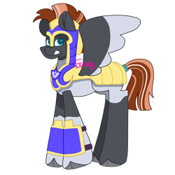 Size: 2048x2048 | Tagged: safe, artist:femurthechangeling, oc, oc only, oc:vanilla dusk, pegasus, pony, g4, armor, body markings, coat markings, colored wings, guard, helmet, looking at you, male, multicolored wings, pegasus oc, ponytail, royal guard, royal guard armor, signature, simple background, simple shading, smiling, smiling at you, socks (coat markings), solo, spread wings, transparent background, wings