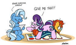 Size: 2576x1538 | Tagged: safe, artist:bobthedalek, starlight glimmer, sunburst, trixie, pony, unicorn, g4, atg 2024, blaze (coat marking), cloak, clothes, coat markings, dialogue, embarrassed, eyes closed, facial markings, female, game, glasses, horn, implied shipping, implied starburst, implied straight, inconvenient trixie, male, mare, newbie artist training grounds, open mouth, open smile, ponies riding ponies, riding, riding a pony, sitting, smiling, socks (coat markings), stallion, starlight glimmer is not amused, sunburst's cloak, sunburst's glasses, this will end in a night of three-player twister, trio, twister, unamused, wavy mouth