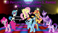 Size: 1280x720 | Tagged: safe, artist:alex s., artist:user15432, dj pon-3, fluttershy, pinkie pie, rainbow dash, starlight glimmer, sunset shimmer, twilight sparkle, vinyl scratch, alicorn, earth pony, pegasus, pony, unicorn, g4, 20 percent cooler (alex s. remix), 20% cooler, animated, cd, dance floor, dance party, dancing, disco ball, dj mixer, eyes closed, guitar, horn, ken ashcorp, lights, link in description, music, musical instrument, open mouth, open smile, record player, smiling, song, sound, sound only, sunglasses, twilight sparkle (alicorn), webm, youtube link