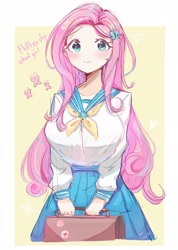 Size: 1460x2048 | Tagged: safe, artist:bubbletea, fluttershy, human, g4, anime style, bag, big breasts, breasts, busty fluttershy, butterfly hairpin, clothes, cute, female, humanized, looking at you, passepartout, sailor uniform, school bag, school uniform, schoolgirl, shyabetes, skirt, smiling, solo, uniform