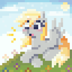 Size: 640x640 | Tagged: safe, artist:syrupyyy, part of a set, derpy hooves, pegasus, pony, g4, blonde mane, blonde tail, blushing, cute, derp, derpabetes, digital art, emanata, eyelashes, female, flower, grass, gray coat, lying down, mare, open mouth, outdoors, pixel art, prone, sky, solo, spread wings, sun, tail, wings