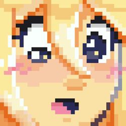 Size: 640x640 | Tagged: safe, artist:syrupyyy, part of a set, derpy hooves, human, g4, :o, blonde hair, blush lines, blushing, derp, digital art, female, human coloration, humanized, natural hair color, open mouth, pixel art, shiny eyes, solo