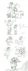 Size: 723x1800 | Tagged: safe, artist:baron engel, scootaloo, sweetie belle, butterfly, pegasus, pony, unicorn, g4, duo, duo female, female, filly, flapping wings, foal, horn, monochrome, pencil drawing, scooter, simple background, story included, traditional art, white background, wings