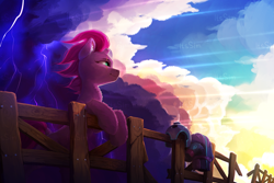 Size: 4037x2697 | Tagged: safe, artist:itssim, tempest shadow, pony, unicorn, g4, armor, beautiful, broken horn, cloud, eye scar, facial scar, female, fence, fluffy, helmet, horn, leaning, lightning, mare, outdoors, scar, scenery, sky, smiling, solo, watermark