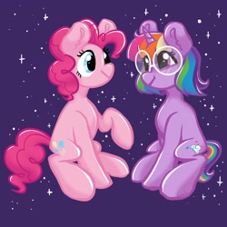 Size: 2048x2048 | Tagged: safe, artist:cupute, pinkie pie, rainbow dash, twilight sparkle, oc, oc:rainbow sparkle (fusion), earth pony, unicorn, g4, alternate design, alternate hairstyle, alternate timeline, backstory in description, bobcut, cloud, curly hair, curly mane, cute, cutie mark, diapinkes, duo, duo female, female, full body, fusion, fusion:rainbow dash, fusion:twilight sparkle, glasses, horn, lore, multicolored hair, oil, pink body, pink mane, purple background, rainbow hair, raised hoof, reference sheet, short hair, short tail, simple background, sitting, sparkles, tail