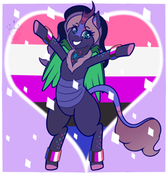 Size: 1200x1250 | Tagged: safe, artist:queenkittyok, oc, oc only, oc:popsicle dagger, changedling, changeling, hybrid, kirin, bipedal, changedling oc, changeling oc, commission, cute, freckles, genderfluid, genderfluid pride flag, grin, kirin oc, pride, pride flag, pride month, smiling, solo, ych result, your character here