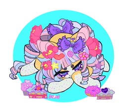 Size: 964x869 | Tagged: safe, artist:cutesykill, oc, oc only, oc:bubble bleb, pony, unicorn, beanbrows, big ears, big eyes, blaze (coat marking), bow, cake, cake slice, candy, circle background, coat markings, colored eyebrows, colored eyelashes, colored muzzle, colored pinnae, colored sclera, cupcake, decora, donut, ear piercing, earring, eyebrows, facial markings, facing you, female, flower, flower in hair, food, frown, hair accessory, hair bow, hairclip, heart earring, horn, jewelry, lidded eyes, looking at you, lying down, mane accessory, mane clip, mare, mealy mouth (coat marking), missing horn, multicolored mane, multicolored tail, narrowed eyes, orange coat, passepartout, piercing, prone, purple bow, purple eyelashes, purple eyes, purple sclera, ringlets, simple background, socks (coat markings), solo, tail, tail bow, thick eyelashes, two toned eyes, unicorn oc, wall of tags, white background