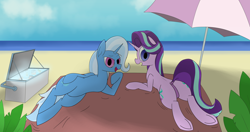Size: 4096x2160 | Tagged: safe, artist:suryfromheaven, starlight glimmer, trixie, pony, unicorn, g4, beach, beach umbrella, cooler, duo, duo female, female, horn, looking at you, looking back, rear view, sand, towel