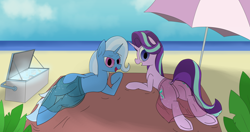 Size: 4096x2160 | Tagged: safe, artist:suryfromheaven, starlight glimmer, trixie, pony, unicorn, g4, beach, beach umbrella, clothes, cooler, duo, duo female, female, horn, looking at you, looking back, rear view, sand, skirt, towel
