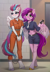 Size: 2568x3700 | Tagged: safe, artist:hakaina, pipp petals, zipp storm, pegasus, anthro, unguligrade anthro, g5, belly, belly button, blushing, cellphone, clothes, collarbone, commissioner:rainbowdash69, cuffed, cuffs, diadem, duo, duo female, embarrassed, female, front knot midriff, handcuffed, jail, jewelry, midriff, never doubt rainbowdash69's involvement, phone, pipp is short, police uniform, prison, prison outfit, prisoner, prisoner zipp, regalia, royal sisters (g5), shackles, siblings, sisters, skinny pipp, slender, smartphone, sternocleidomastoid, thin, unshorn fetlocks, wing cuffs, wings, zipp is tall