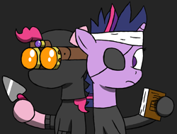 Size: 1257x951 | Tagged: safe, artist:moistlimit, pinkie pie, twilight sparkle, g4, bandana, book, eyepatch, future twilight, goggles, ninja, pinkie spy