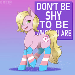 Size: 2000x2000 | Tagged: safe, artist:erein, oc, oc only, oc:mesalina, earth pony, pony, blonde, blonde hair, blonde mane, blonde tail, clothes, commission, ears up, earth pony oc, female, gradient background, green eyes, high res, lgbt, looking at you, open mouth, pink fur, pride, pride flag, pride month, pride socks, smiling, smiling at you, socks, solo, striped socks, tail, text, transexual pride flag, transgender, transgender oc, transgender pride flag, wings, ych result