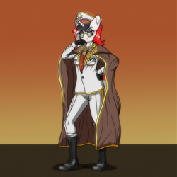 Size: 2500x2500 | Tagged: safe, artist:memeancholy, oc, oc:red rocket, unicorn, anthro, plantigrade anthro, equestria at war mod, anthro oc, boots, cap, cape, clothes, general, glasses, hat, horn, laces, looking at you, necktie, shoes, solar empire, uniform