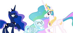 Size: 1420x652 | Tagged: safe, artist:detailedatream1991, princess celestia, princess luna, oc, oc:snowdrop, alicorn, pegasus, pony, g4, concave belly, female, mare, raised hoof, royal sisters, siblings, side view, simple background, sisters, slender, thin, trio, trio female, white background