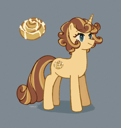 Size: 1814x1917 | Tagged: safe, artist:ywraa, oc, oc only, oc:cinnamon swirl, pony, unicorn, cinnamon bun, female, food, gray background, horn, mare, simple background, smiling, solo, standing