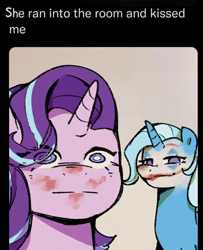 Size: 734x902 | Tagged: safe, artist:ywraa, starlight glimmer, trixie, pony, unicorn, g4, blank stare, dc comics, duo, duo female, english, female, horn, kiss mark, lesbian, lipstick, makeup, mare, meme, ponified meme, ship:startrix, shipping, smiling, smirk, text, the joker