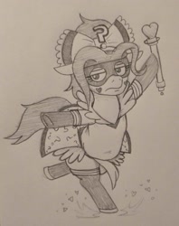 Size: 2521x3187 | Tagged: safe, artist:jargon scott, oc, oc only, oc:anon-mare, earth pony, pony, bipedal, boots, bow, domino mask, female, frown, grayscale, hair bow, hoof hold, lidded eyes, magical girl, mare, monochrome, pencil drawing, shoes, solo, standing, standing on one leg, traditional art, unamused, wand