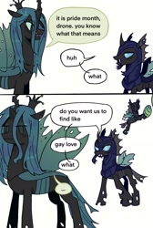 Size: 1120x1668 | Tagged: safe, artist:ywra_a, queen chrysalis, changeling, changeling queen, g4, ..., 2 panel comic, :3, changeling armor, changeling egg, comic, confused, dialogue, dot eyes, duo focus, eye contact, eyebrows, female, hoof hold, looking at each other, looking at someone, male, meme, open mouth, raised eyebrow, simple background, speech bubble, white background