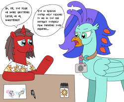 Size: 2781x2285 | Tagged: safe, artist:supahdonarudo, princess celestia, queen novo, oc, oc:ironyoshi, oc:sea lilly, classical hippogriff, hippogriff, unicorn, g4, atg 2024, camera, clothes, cup, dialogue, drawing, horn, jewelry, necklace, newbie artist training grounds, paper, pen, procrastination, shirt, simple background, speech bubble, table, talking, text, transparent background