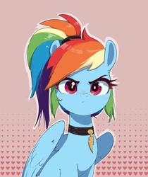 Size: 973x1160 | Tagged: safe, artist:inkypuso, rainbow dash, pegasus, pony, g4, abstract background, alternate hairstyle, blushing, bust, choker, cute, dashabetes, ear fluff, female, frown, heart, looking at you, mare, partially open wings, patterned background, ponytail, rainbow dash is not amused, solo, unamused, wing fluff, wings