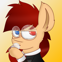 Size: 8000x8000 | Tagged: safe, artist:nhale, oc, oc only, oc:zack_kanji, earth pony, big ears, big eyes, big hair, blue eyes, clothes, cup, glasses, gradient background, heterochromia, male, milk, photo, red eyes, red hair, serious, solo, suit