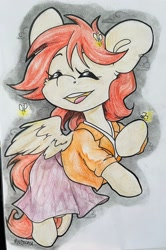 Size: 1358x2048 | Tagged: safe, artist:midnightpremiere, oc, oc only, oc:firefly, firefly (insect), insect, pegasus, pony, clothes, colored pencil drawing, commission, eyes closed, female, jacket, mare, open mouth, open smile, skirt, smiling, solo, traditional art