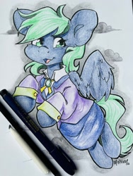 Size: 1536x2048 | Tagged: safe, artist:midnightpremiere, oc, oc only, oc:emerald, pegasus, pony, clothes, colored pencil drawing, commission, female, flying, jacket, mare, open mouth, open smile, skirt, smiling, solo, traditional art