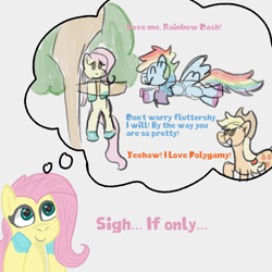 Size: 2000x2000 | Tagged: safe, artist:zoeyhorse, applejack, fluttershy, rainbow dash, earth pony, pegasus, pony, g4, appledashshy, bust, comic, dialogue, doodle, female, high res, lesbian, mare, polyamory, remake, ship:appledash, ship:appleshy, ship:flutterdash, shipping, simple background, thought bubble, tree, trio, trio female, white background