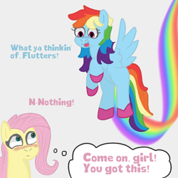 Size: 2000x2000 | Tagged: safe, artist:zoeyhorse, fluttershy, rainbow dash, pegasus, pony, g4, blushing, comic, dialogue, doodle, duo, duo female, embarrassed, eyes closed, female, high res, lesbian, mare, open mouth, open smile, rainbow trail, remake, ship:flutterdash, shipping, simple background, smiling, white background