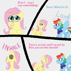 Size: 2000x2000 | Tagged: safe, artist:zoeyhorse, fluttershy, rainbow dash, pegasus, pony, g4, assertive fluttershy, comic, dialogue, doodle, duo, duo female, female, high res, inhaling, lesbian, mare, remake, ship:flutterdash, shipping, simple background, speech bubble, white background