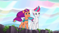 Size: 520x293 | Tagged: safe, screencap, sunny starscout, zipp storm, earth pony, pegasus, pony, g5, my little pony: tell your tale, the lone alicorn, spoiler:g5, spoiler:my little pony: tell your tale, spoiler:tyts02e07, animated, cloud, crepuscular rays, duo, duo female, female, fit, gif, gifrun.com, glowing cutie mark, lightly watermarked, long mane, mane stripe sunny, mare, outdoors, rainbow clouds, slender, sunny's bag, tail, thin, watermark, windswept mane, windswept tail