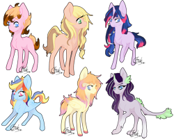 Size: 3599x2886 | Tagged: safe, artist:castaspellliana, oc, oc only, unnamed oc, dracony, earth pony, hybrid, pegasus, pony, unicorn, g4, colored pupils, fangs, female, hair ornament, high res, horn, interspecies offspring, mare, multicolored hair, next generation, offspring, parent:applejack, parent:big macintosh, parent:caramel, parent:cheese sandwich, parent:flash sentry, parent:fluttershy, parent:pinkie pie, parent:rainbow dash, parent:rarity, parent:soarin', parent:spike, parent:twilight sparkle, parents:carajack, parents:cheesepie, parents:flashlight, parents:fluttermac, parents:soarindash, parents:sparity, rainbow hair, signature, simple background, transparent background, unshorn fetlocks