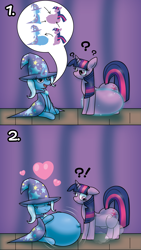 Size: 4088x7257 | Tagged: safe, artist:fancy_blue, trixie, twilight sparkle, pony, unicorn, g4, 2 panel comic, belly button, cape, clothes, comic, commission, curtains, dust, emanata, exclamation point, floating heart, floppy ears, frown, hat, heart, hyper, hyper belly, hyper pregnancy, impossibly large belly, interrobang, magic, magic aura, no dialogue, outie belly button, pointy ponies, preglight sparkle, pregnancy transfer, pregnant, pregxie, question mark, smiling, stage, story included, surprised, trixie's cape, trixie's hat, unicorn twilight