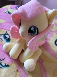 Size: 1500x2000 | Tagged: artist needed, safe, fluttershy, pegasus, pony, g4, blanket, craft, cute, female, irl, mare, merchandise, photo, plushie, shyabetes, sitting, smiling, solo, spread wings, starry eyes, wingding eyes, wings
