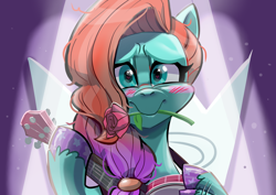 Size: 1754x1240 | Tagged: safe, alternate version, artist:jully-park, jazz hooves, earth pony, pony, g5, jazz hearts rocky, my little pony: tell your tale, banjo, blushing, cute, female, flower, heart, heart eyes, hooficure, jazzibetes, looking at you, mare, mouth hold, musical instrument, playing instrument, rose, smiling, smiling at you, spotlight, wingding eyes