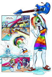 Size: 4800x7200 | Tagged: safe, artist:lytlethelemur, fluttershy, rainbow dash, rarity, sci-twi, snow flower, sunset shimmer, tennis match, twilight sparkle, human, equestria girls, equestria girls specials, g4, my little pony equestria girls: spring breakdown, absurd resolution, armpits, bare shoulders, barefoot, breasts, busty rainbow dash, clothes, comic, commission, commissioner:ajnrules, cruise concert outfit, diving, dress, electric guitar, feet, female, frown, grin, guitar, hair flip, keytar, makeup, musical instrument, rarity is not amused, running makeup, sandals, simple background, sleeveless, slender, smiling, solo focus, swimming pool, thin, toes, unamused, wet, wet clothes, wet dress, white background, yacht